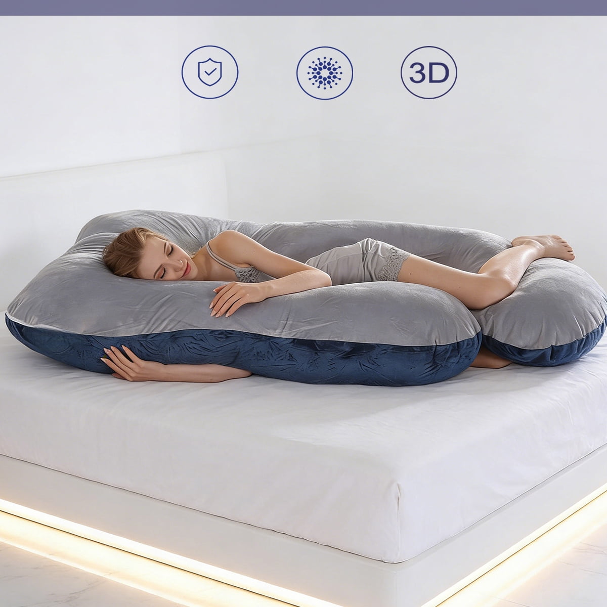 Supportive Ergonomic J-Shape Polyester Maternity Pillow for Multi-Position Sleeper, Blue-Gray