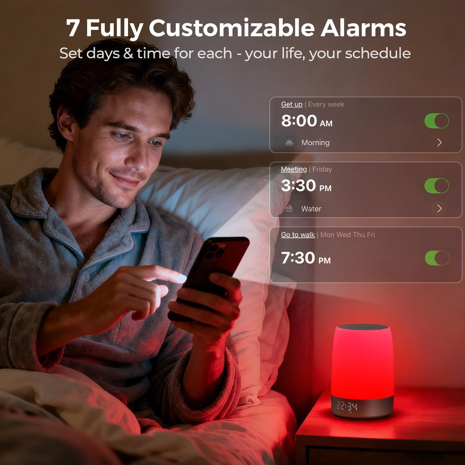 Red Light Therapy Lamp & Sleep Sound  with Alarm Clock, 32 White Noises, App Control, 5-Level Red Light (620-690nm), 2600mAh Battery for Bedroom