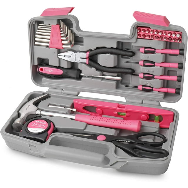 Bolsa de herramientas rosa, caja de herramientas para mujer de 39 piezas con juego de alicates, martillo, destornillador de precisión y herramientas domésticas en caja duradera - Regalo de cumpleaños Vhermosa YQ-0409