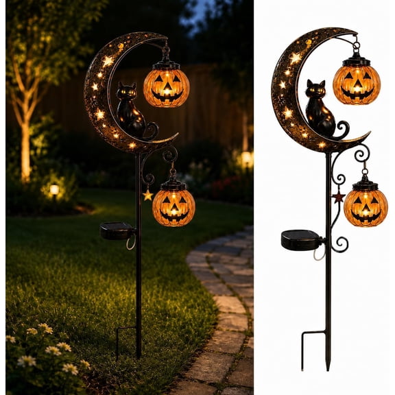 Halloween Solar Garden Stake Light, Vintage Black Cat & Pumpkin Moon LED Pathway Light - IP45 Waterproof Outdoor Decorations for Yard Patio Lawn (33.46in High)