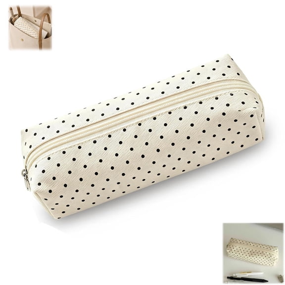 Cute Polka Dot Pencil Case for Women, White Y2K Kawaii Pencils Case, Slim Soft Pencil Bag, Aesthetic Small Floral Pencil Pouch for Stationery Supplies