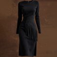 thumbnail image 5 of CIENVNSTG Midi Dresses for Women Formal Suede Retro Western Round Neck Slim Fit Long Sleeved Formal Dresses Black L, 5 of 5