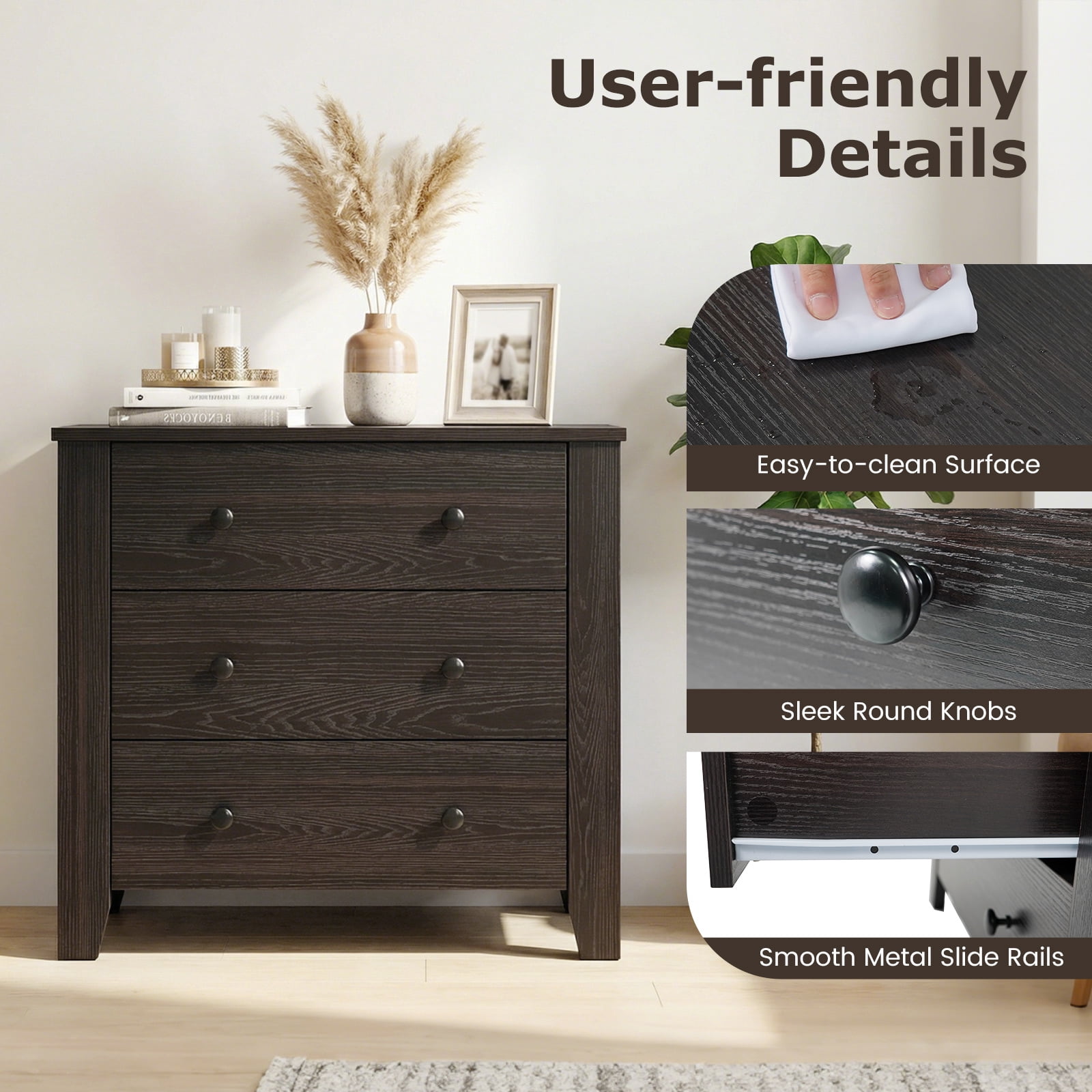 Gymax 3 Drawer Dresser Chest of Drawers Bedside Table for Living Room Bedroom Espresso