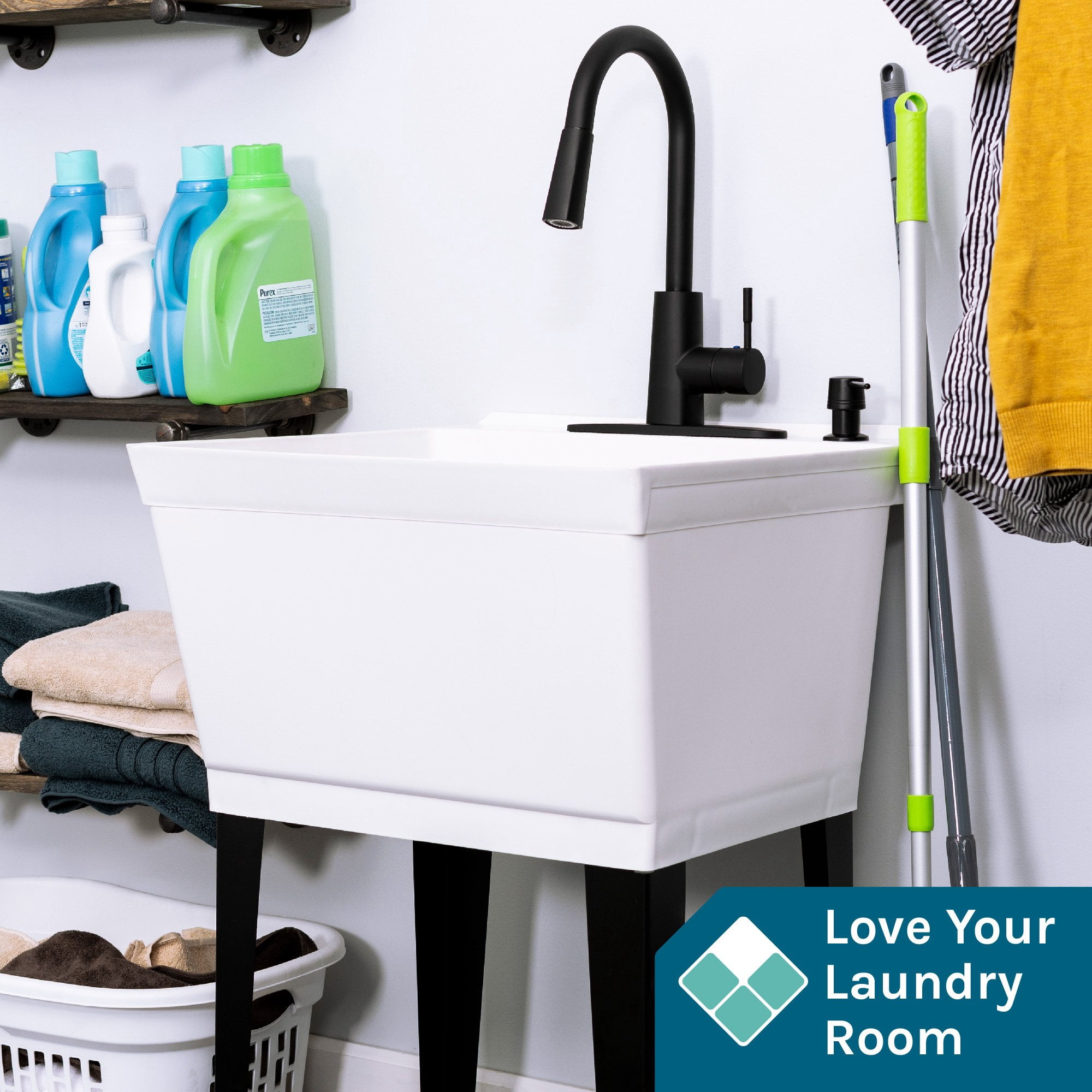 TEHILA White Freestanding Floor Mount Utility Sink with Black High-Arc Faucet for Laundry Room