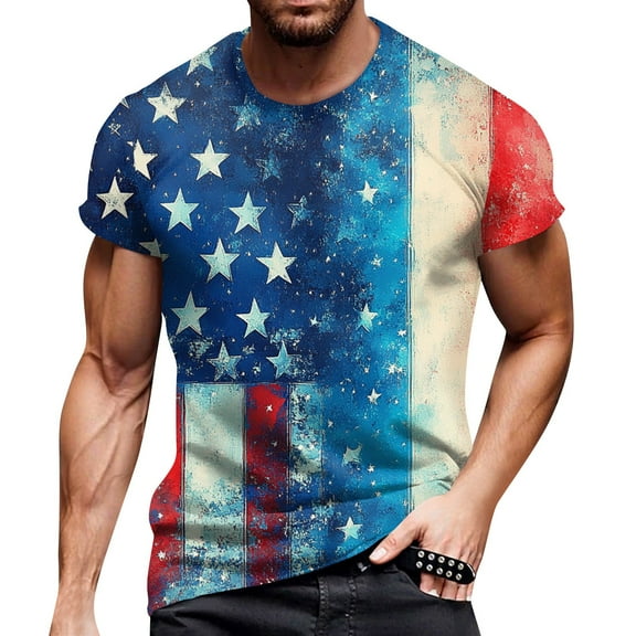 Men's Quick-Dry Performance Tee, Retro Flag Print with Moisture-Wicking Fabric for Sports and Daily Use ,Blue L
