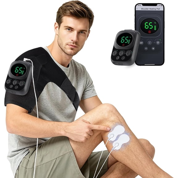 Hemvt Cordless Shoulder Heating Pad with Massager, 5000mAh Battery, Heated Shoulder Brace Massager for Pain Relief Deep Tissue, Vibration Shoulder Wrap for Men & Women Rotator Cuff, Black