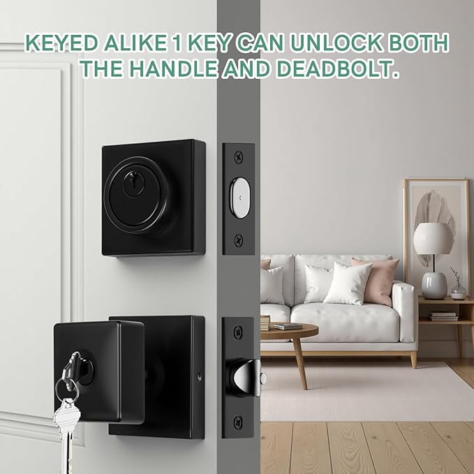 Square Front Door Lock Set,Single Cylinder Deadbolt and Knob with Lock, Keyed Alike Door Locks for Front Door(Matte Black,2pack-Set)
