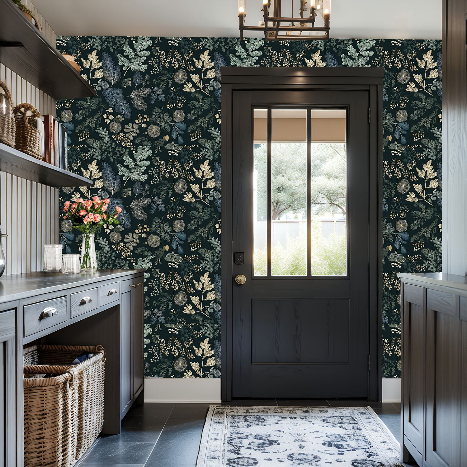 Woodland Peel and Stick Wallpaper 17.7in x 9.8ft Botanical Leaf Gold Accents Dark Green Contact Paper Vinyl Waterproof Self Adhesive Wall Paper for Bedroom Shelf Cabinet Renter Friendly