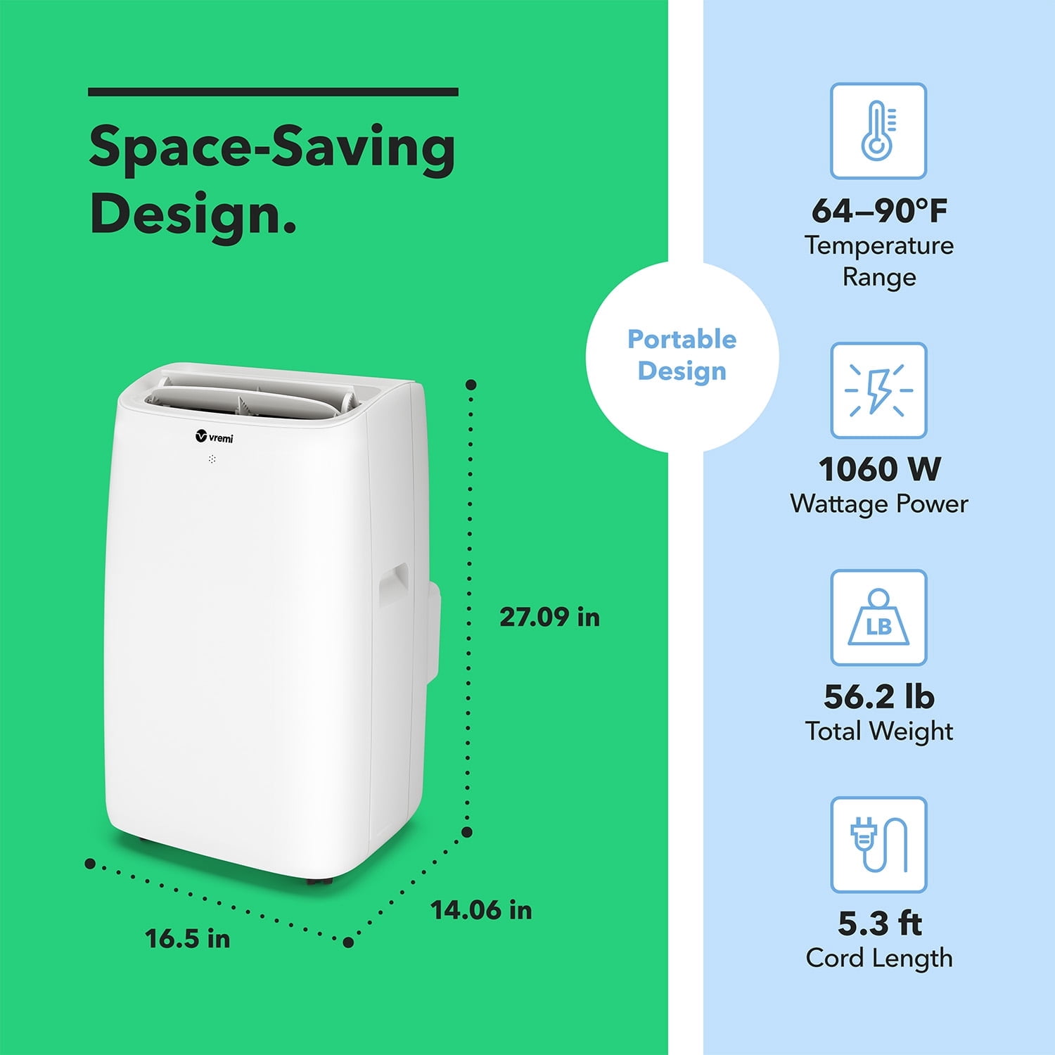Vremi 12000 BTU Portable Air Conditioner with Heat - Easy to Move AC Unit for Rooms up to 350 Sq Ft - with Powerful Cooling Fan, Reusable Filter, Auto Shut Off (8150 BTU New DOE)