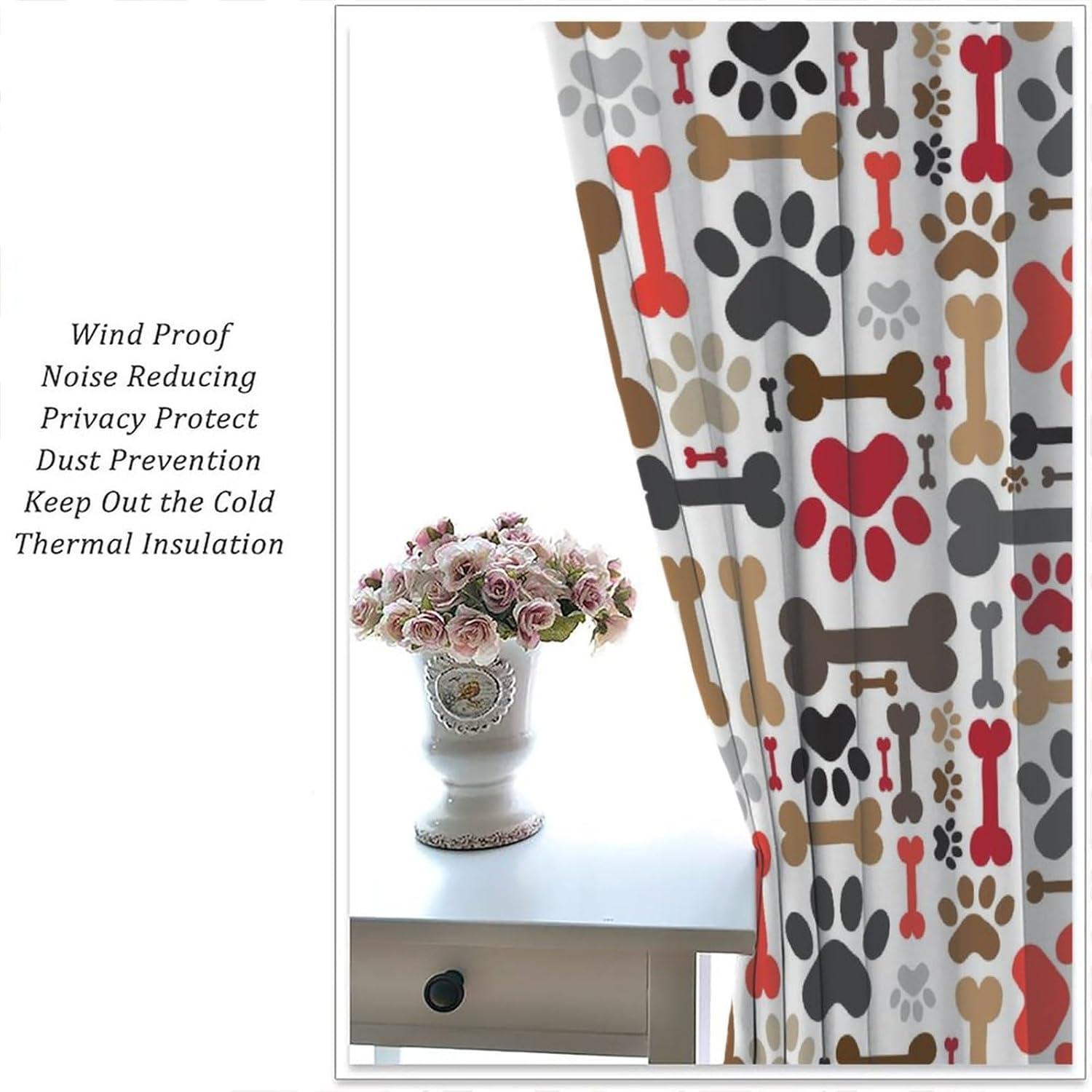 Dog Bohemia Curtains Boho Cartoon Dog Bone Dog Paw Prints Children''s Room Decor Rod Pocket Blackout Window Treatment for Kids Girls Bedroom Kitchen Decor Art Printed Window Drapes 42x54in