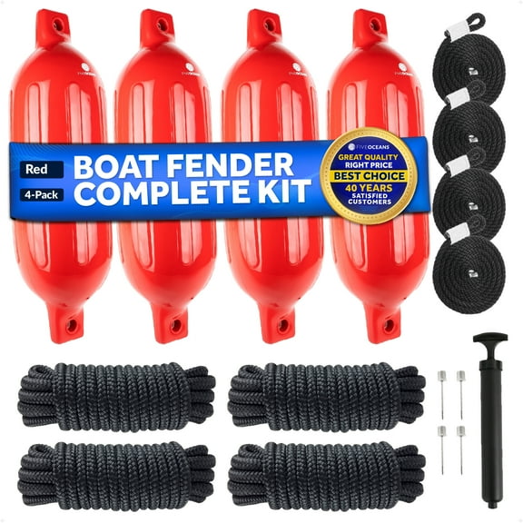 Five Oceans 4-Pack Boat Fender Kit, Includes 6.5 x 23-Inch Red Fenders, Dock Lines 3/8" x 15', Ropes Lines 3/8-Inch x 5-Ft, Inflator Pump and Needles - FO4541-C2