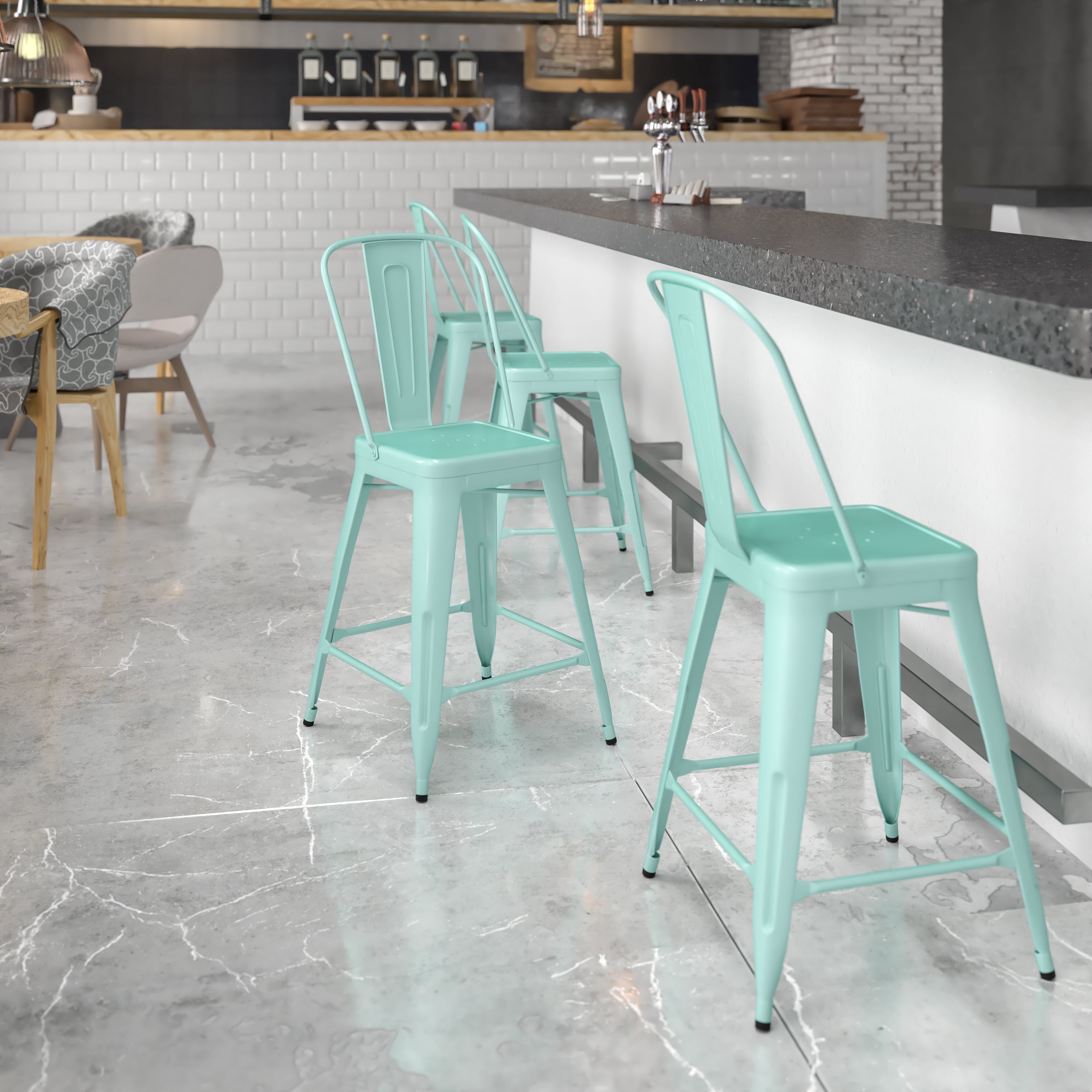 4 Pack Flash Furniture 24'' High Mint Green Metal Indoor-Outdoor Counter Height Stool with Back 
