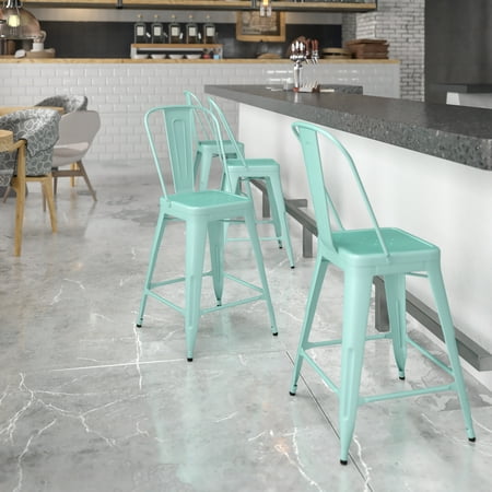 Flash Furniture Commercial Grade 24" High Mint Green Metal Indoor-Outdoor Counter Height Stool with Back