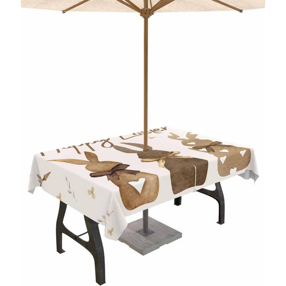 Easter Bunny Outdoor Rectangle Tablecloth with Umbrella Hole 60x84,Wrinkle Free Wipeable Fabric Table Cloth Waterproof Zippered Cover for Patio Party,Brown Plaid Hearts Vintage Eucalyptus Flower