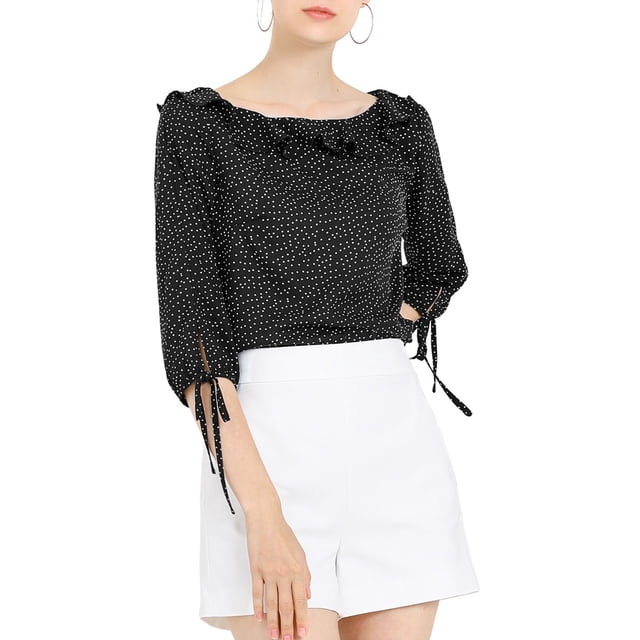INSPIRE CHIC Women's Ruffled Neck Half Sleeve Sheer Summer Polka Dots Blouse Tops