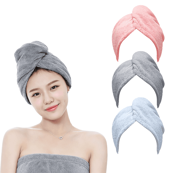 3-Pack Microfiber Hair Towel Turbans – Anti-Frizz Wet Hair Drying Wraps for Curly Hair Women – Blue, Grey, Pink