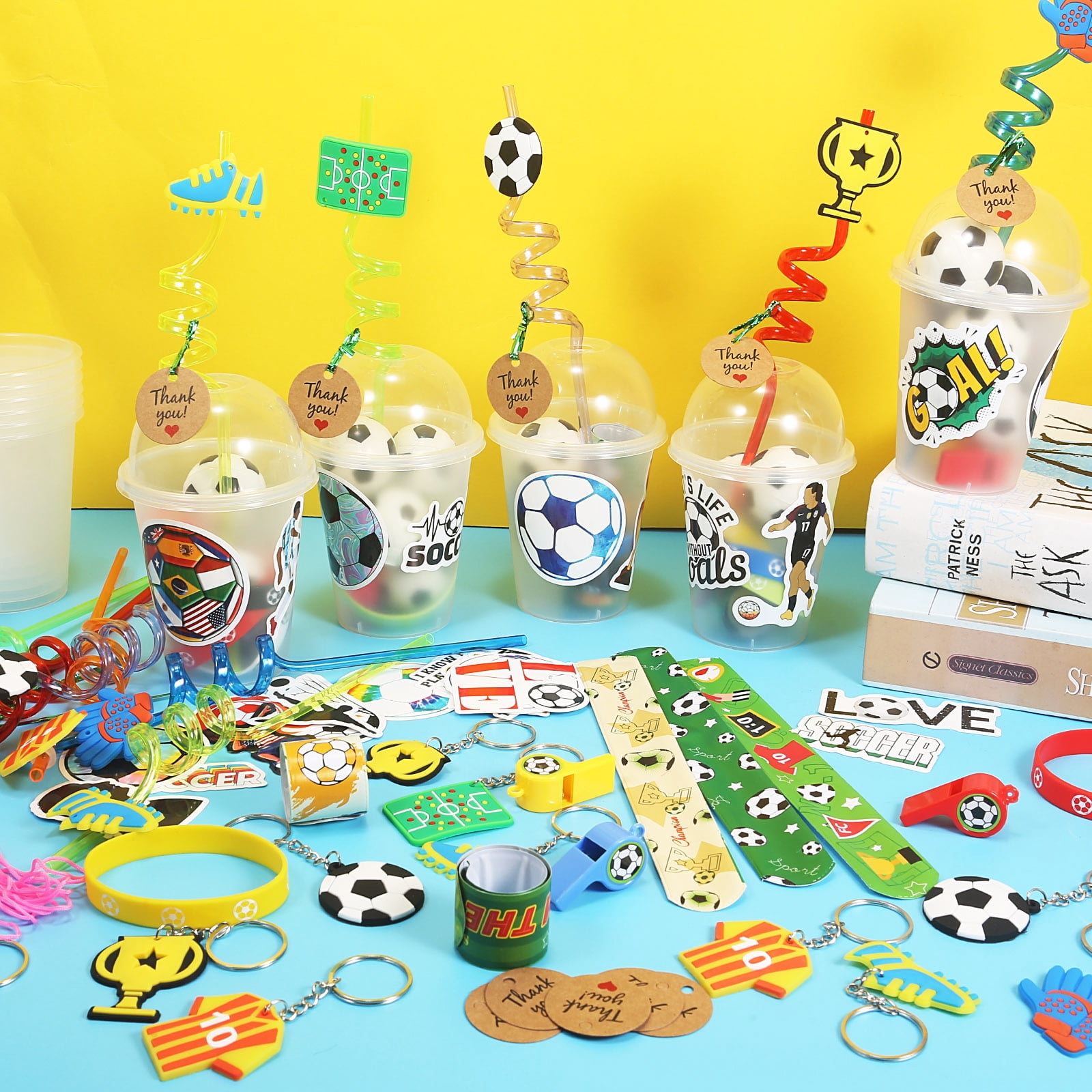 170PCS Soccer Party Favors for Kids, Birthday Party Supplies, Goodie Bags Set with Cups, Straws, Bracelets, Stickers, Mini Balls, Soccer Gifts for Boys