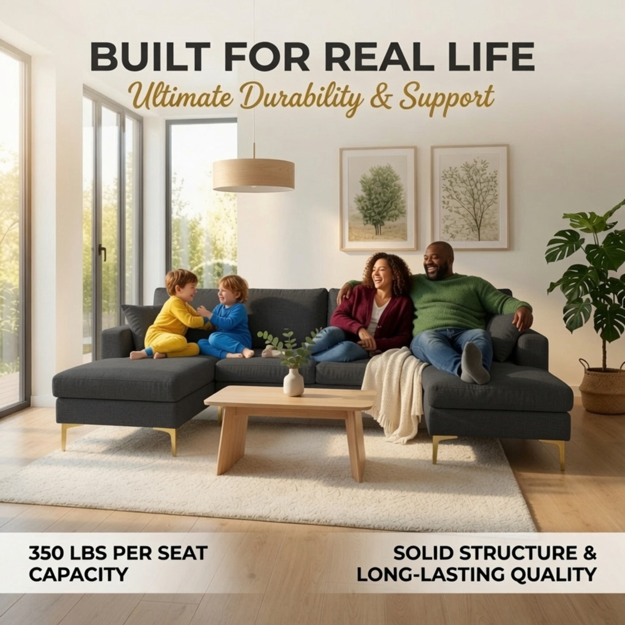 Howcool 99.5" U-Shaped Sectional Sofa with Double Chaise,4-Seater Couch with Gold Legs for Living Room,Black Gery
