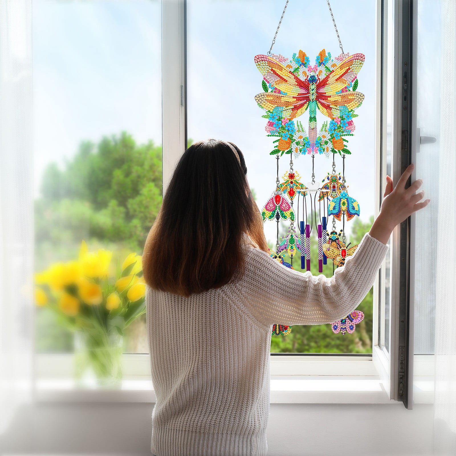 Butterfly Diamond Wind Chimes,Painting Craft Kit G Wind Chime for Window Door Hanging,Home Decor Art,Craft Lover Gifts,Housewarming/Mother's Day/Birthday Gifts,Memorial Gifts WindChime