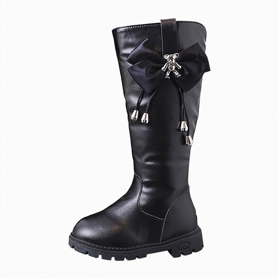 KPOPLK Girls' Leather Knee High Boots Bow Fashion Pendant Non-Slip Princess Boots Thick Sole Dress Boots(12,Black)