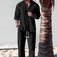 thumbnail image 1 of FOCUSNORM Men's Summer Outfits Solid Color V-Neck Half Sleeve Tops with Drawstring Long Pants Cotton Linen Set, 1 of 2