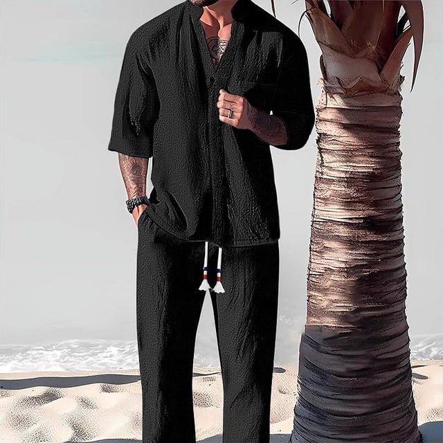 FOCUSNORM Men's Summer Outfits Solid Color V-Neck Half Sleeve Tops with Drawstring Long Pants Cotton Linen Set