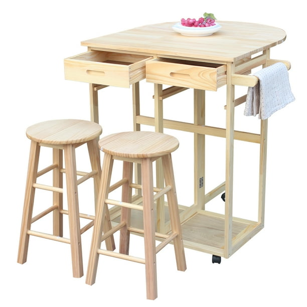 Veryke Rolling Kitchen Cart Island w/ 2 Stools, Wooden Dining Storage