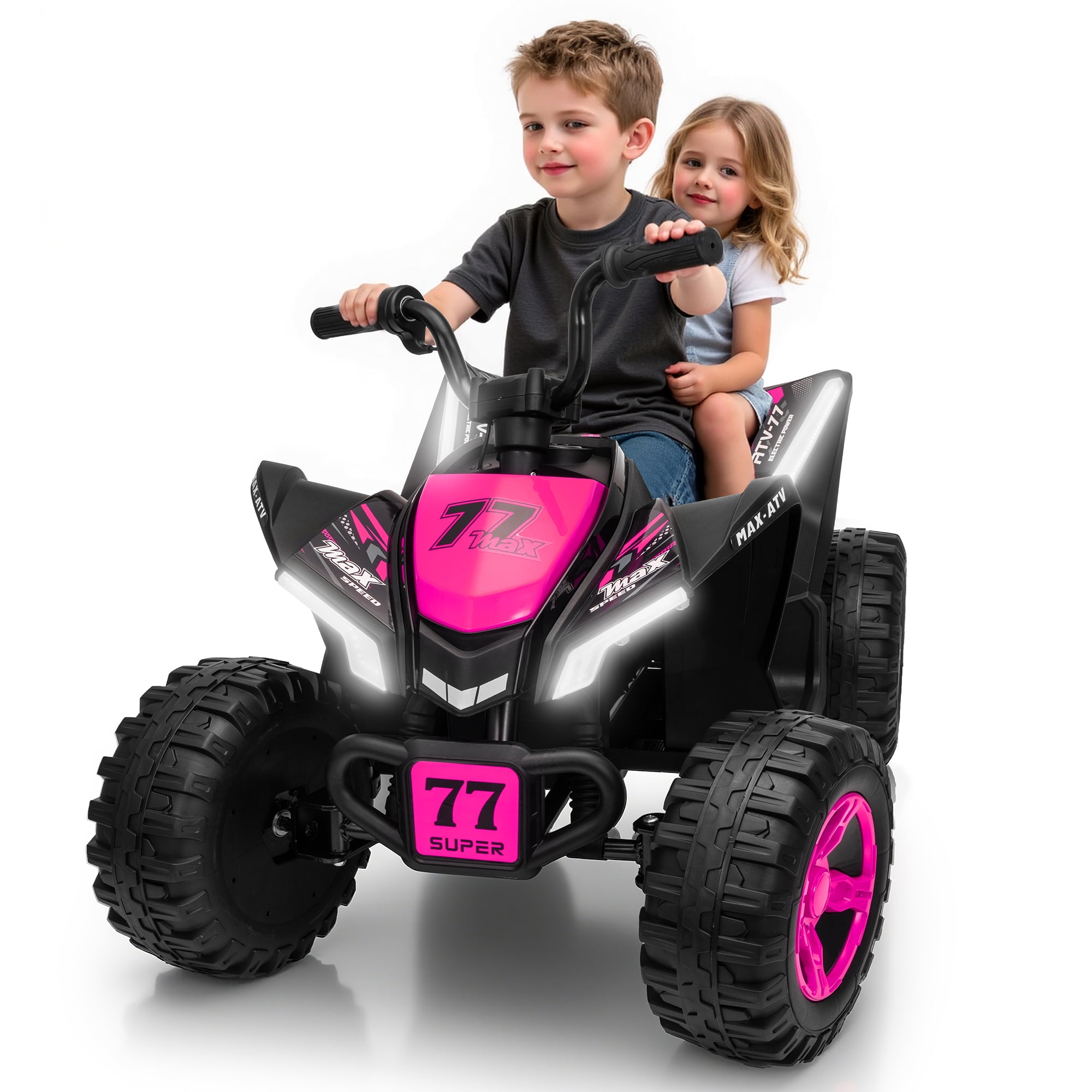 Kids ATV 4 Wheeler, Two Seater 24V Ride On Toy for Big Kid w/Unique LED Light, Music, Wireless, Story, 24 Volt Ride on Car Electric Quad for Boys Girls, Pink