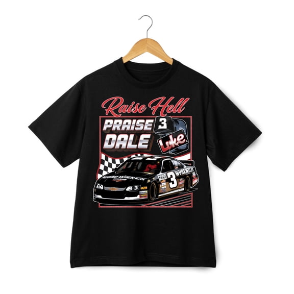 Raise Hell Praise Dale Racing Car Print T-Shirt, Retro Motorsport Casual Tee