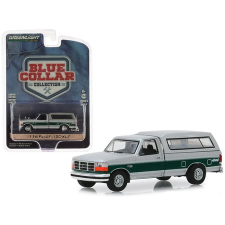1996 Ford F-150 XLT Pickup Truck with Camper Shell Silver with Green Stripe 1/64 Diecast Model Car by