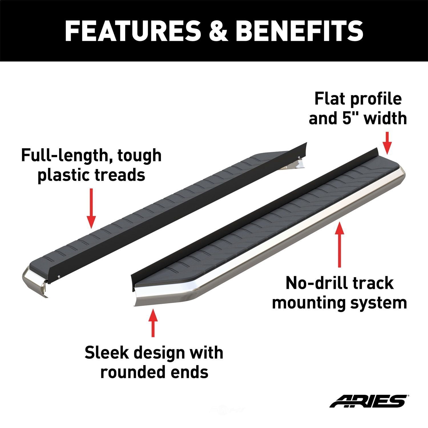 ARIES 2051876 AeroTread 5in. x 76in. Polished Stainless Running Boards (No Brackets), Brackets Sold