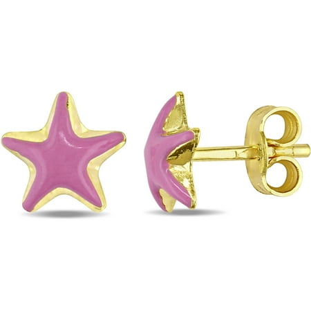 Cutie Pie 18kt Yellow Gold Children's Star Stud Earrings with Pink Enamel
