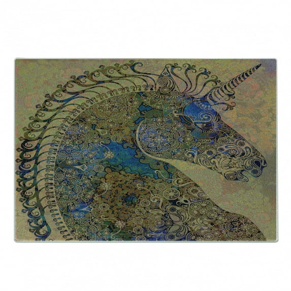 Unicorn Cutting Board, Horse-like Creature Design with the East Tribal Patterns Image, Decorative Tempered Glass Cutting and Serving Board, Small Size, Multicolor, by Ambesonne