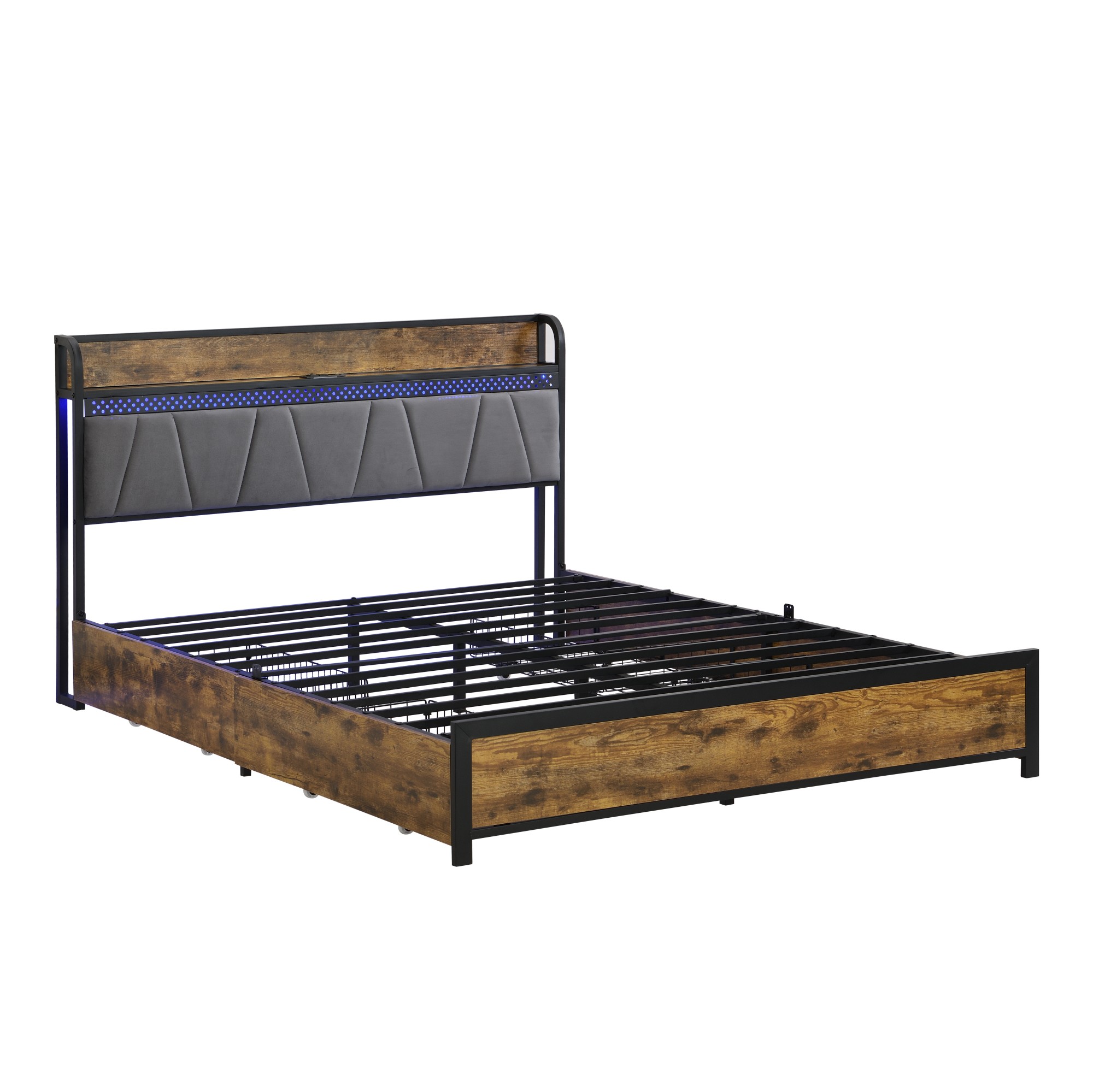 Gewnee King Size Bed Frame, Storage Upholstered Headboard with Charging Station and 4 Storage Drawers,LED Lights , Brown and and Gray