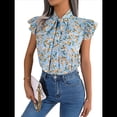 thumbnail image 3 of Blusas Bohemias de con Cuello Alto, Corta con Volantes y Estampado Floral para Mujer, Estilo Informal, Elegante, de Verano 2025. Azul L, 3 of 7