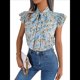 thumbnail image 3 of Blusas Bohemias de con Cuello Alto, Corta con Volantes y Estampado Floral para Mujer, Estilo Informal, Elegante, de Verano 2025. Azul XL, 3 of 7