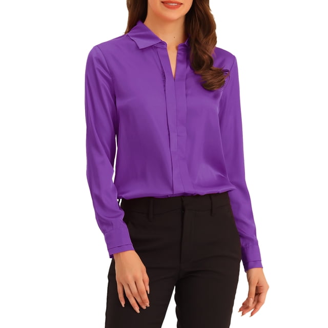 CAMISAS ELEGANTES PARA MUJER INSPIRADORAS CHIC, CON CUELLO PUNTA V Y MANGAS LARGAS, BLUSA DE SATÉN SUAVE XL PÚRPURA PROFUNDO
