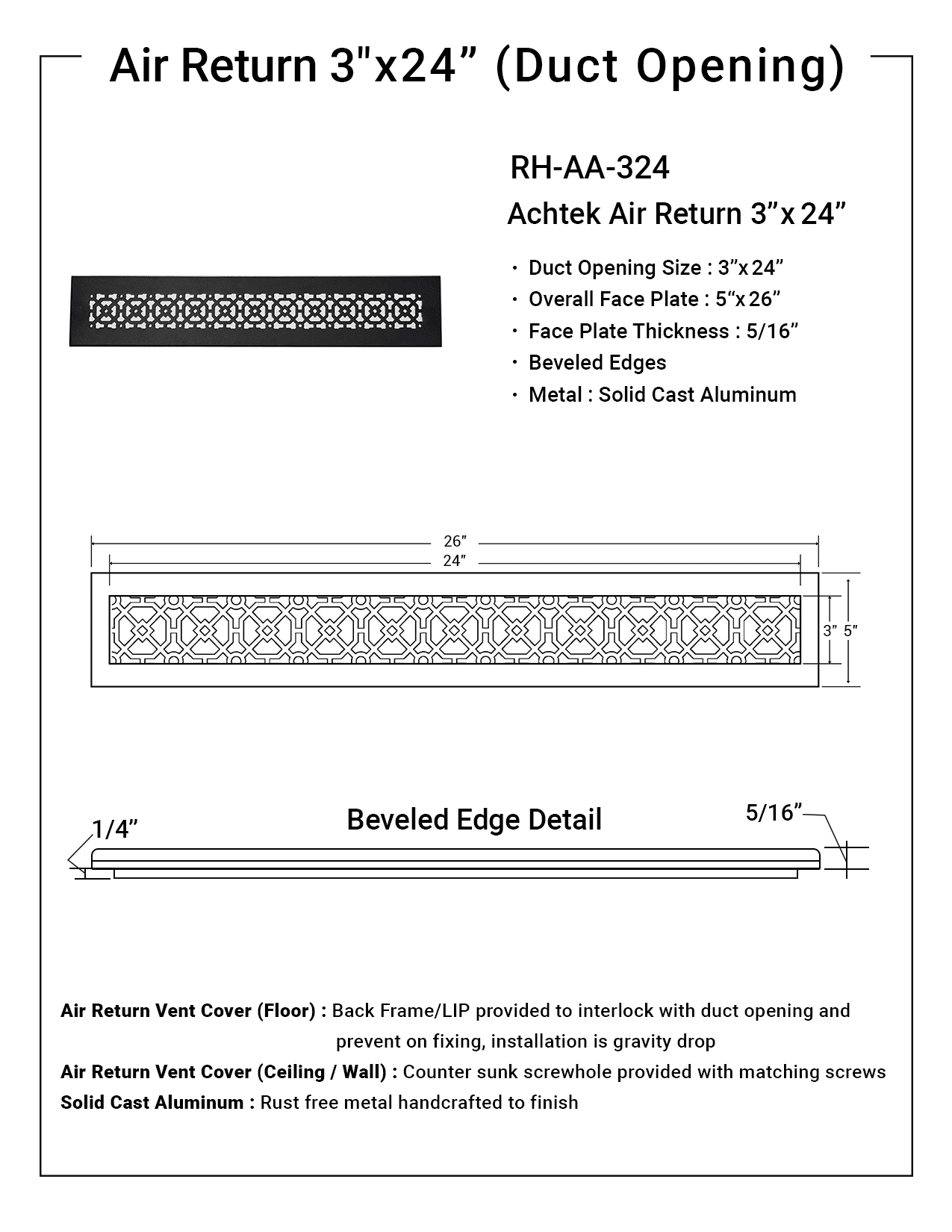 Achtek Air Return 3"x24" (Overall Size 5"x26") | Cast Aluminum Air Grille | HVAC Duct Cover for Home Ventilation
