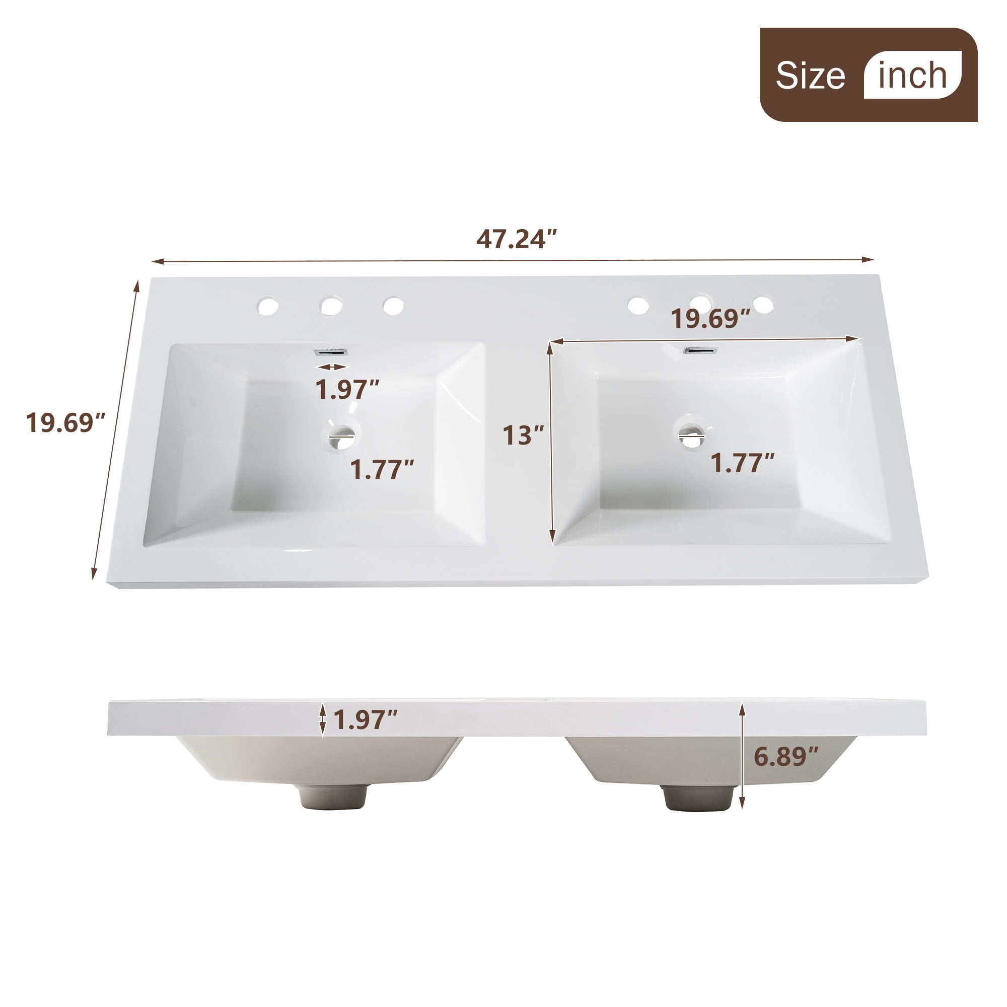 Harper & Bright Designs 47.24'' Fluted Bathroom Vanity with Double Ceramic Sink, Wall-Mounted Bathroom Sink Storage Cabinet with Doors & Drawers, Freestanding Bathroom Vanity Cabinet with Sink, Wood