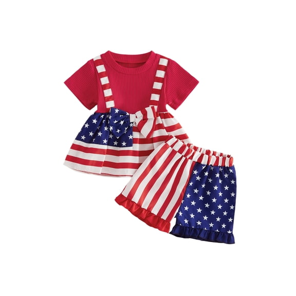 BemeyourBBs Toddler Baby Girl 4th of July Outfit Baby Girls Patriot Independent Day Clothes Star Stripe Print Bowknot Short Sleeve Tunic Shirt Tops Elastic Waist Shorts Set Baby Girls Summer Outfit