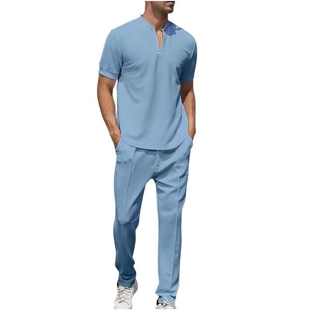 Birdeem Men Sets Shirt and Shorts Mens Leisure Sports Set Short Sleeve Knitting Split Solid Color Two-Piece Round Neck Top Set