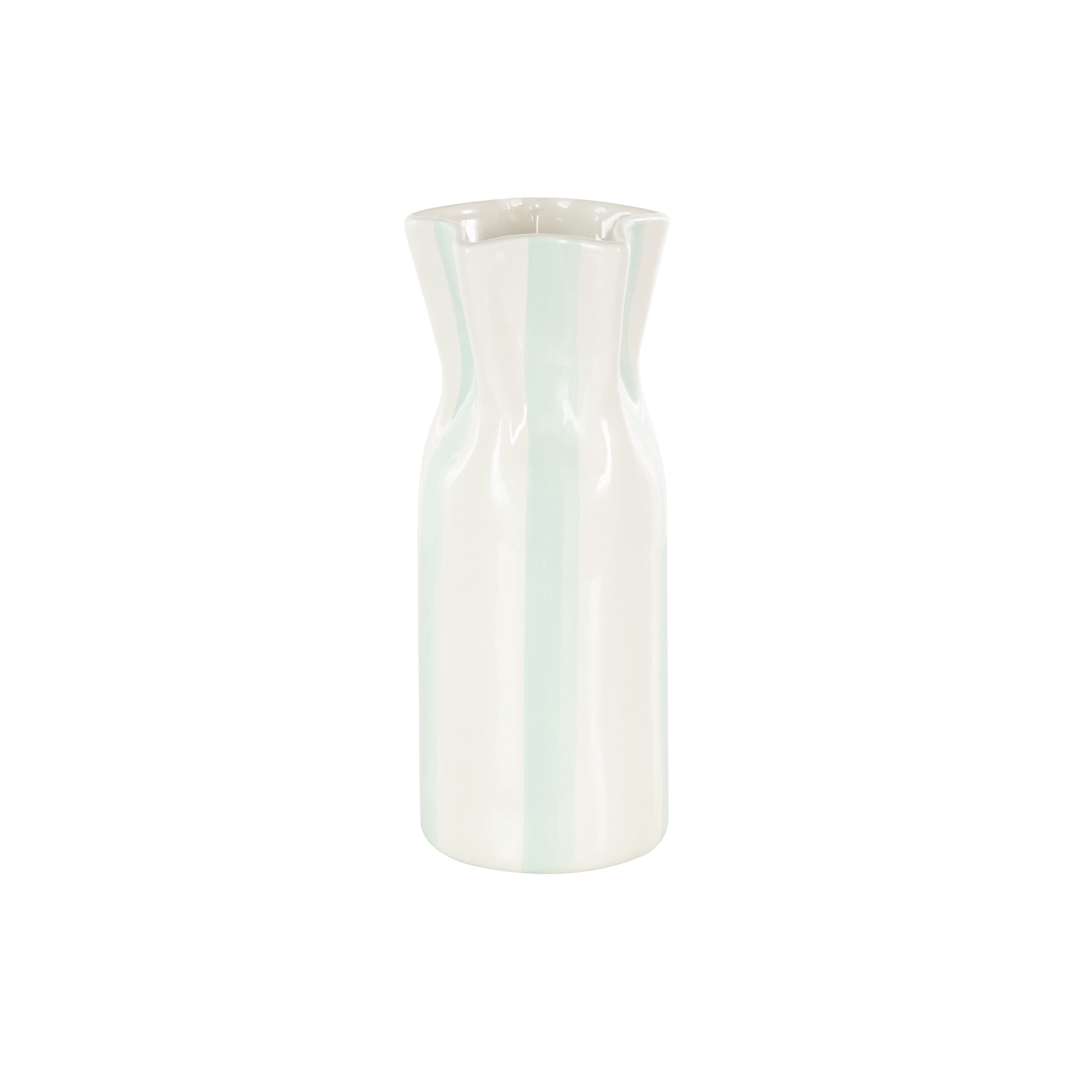 DecMode 12" Round Light Blue Ceramic Vase with White Vertical Stripes