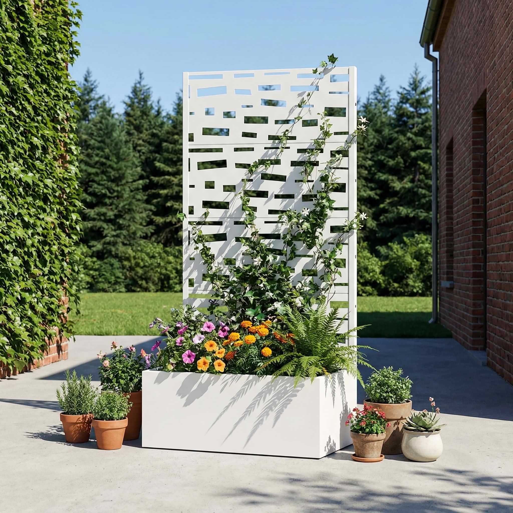 MAYEERTY 59X30" Metal Outdoor White Privacy Screen with Planter Box for Backyard & Garden, 4 Piece Set