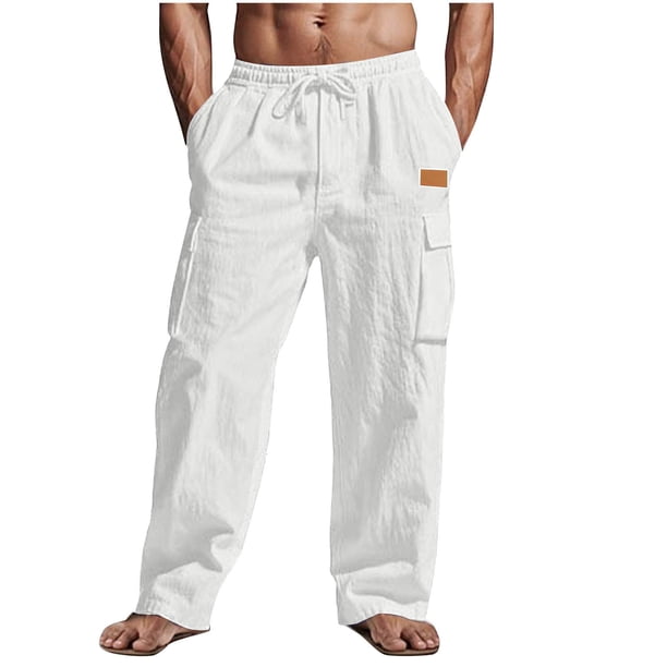 Amzcrzy Mens Linen Pants Comfortable Elastic Waist Drawstring Trousers for Men Summer Casual Relaxed Fit Beach Yoga Pants Lightweight Baggy Wide Leg Pants for Men with Flag Label S-3XL Blanco