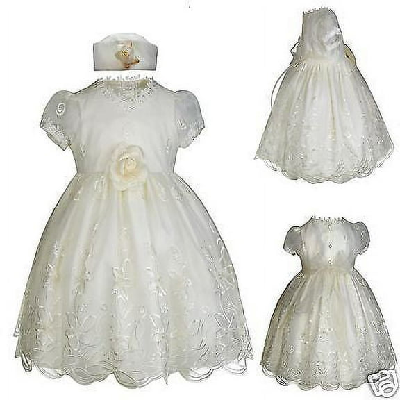 New Infant Girl Toddler Wedding Formal Party Dress   Hat (9-36M) S,M,L XL Ivory