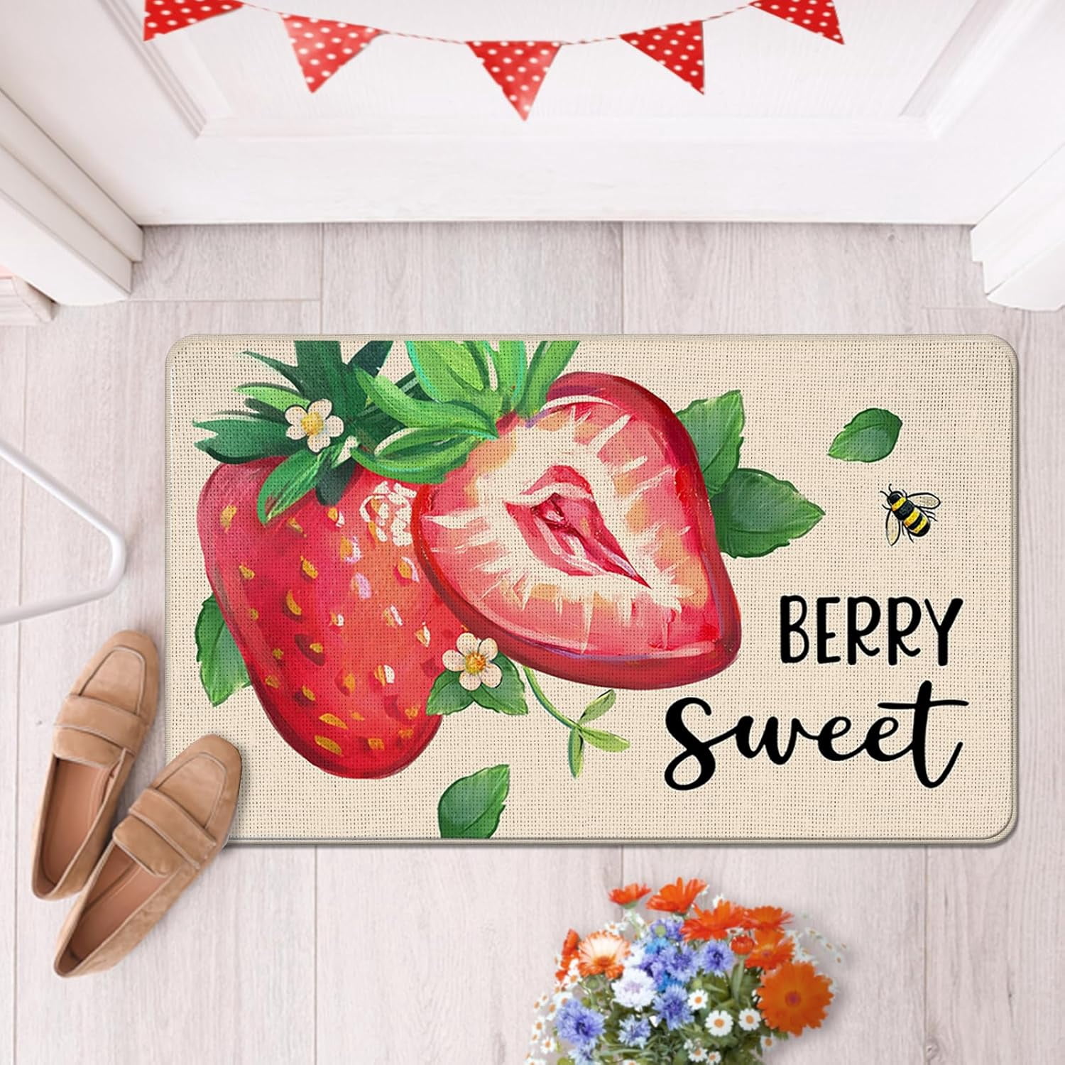 Spring Summer Strawberry Decorative Front Door Mat, Berry Sweet Welcome Doormat Indoor Outdoor Non-Slip Floor Entryway Rug, Fruit Bee Seasonal Home Kitchen Decoration 17x30 Inch
