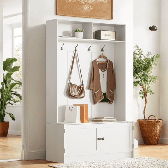 White Hall Tree with Storage Bench, 70.9" Tall Entryway Bench with Shoe Storage, Coat Rack and Top Shelf, Freestanding Wooden Hall Tree with Bench for Entryway, and Hallway
