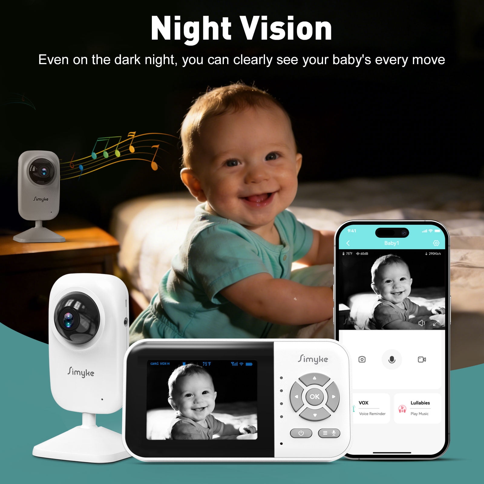 Simyke WiFi Video Baby Monitor, 2.8" LCD & App Viewing, 2-Way Audio, Night Vision, VOX, 5 Lullabies, Supports 4 Cameras, 1200ft Range, Home Use