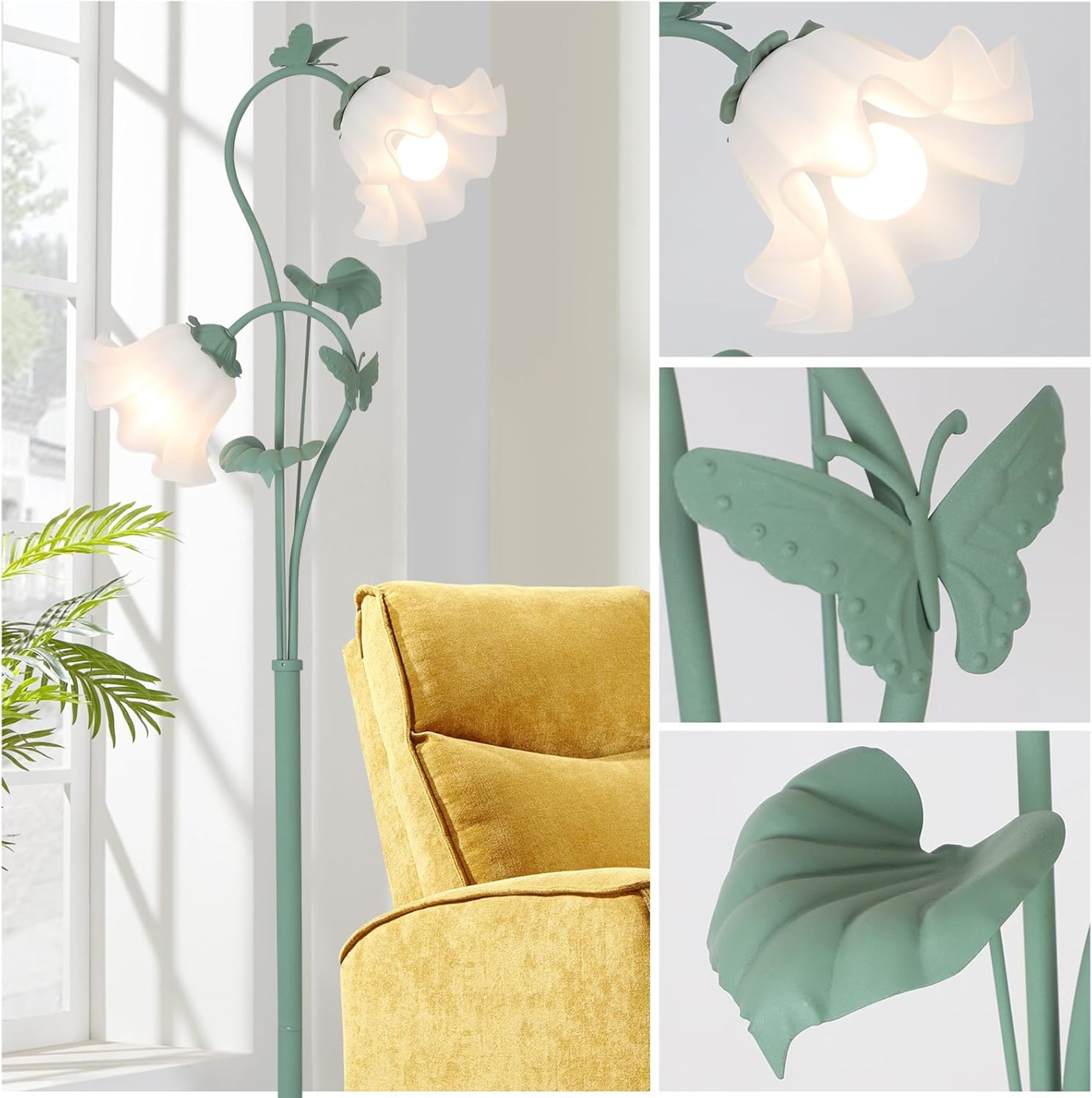 Noble House 65" Vintage Flower Floor Lamp with Acrylic Floral Shades, Green Iron Base Tall Lamp for Living Room, Green
