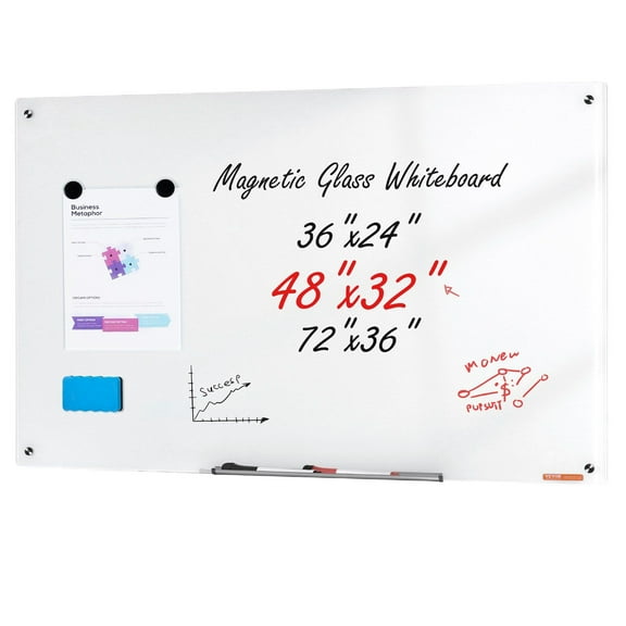 HCY Magnetic Glass Whiteboard, Dry Erase Board 48"x32", Wall-Mounted Large White Glassboard Frameless, with Marker Tray, an Eraser and 2 Markers, White